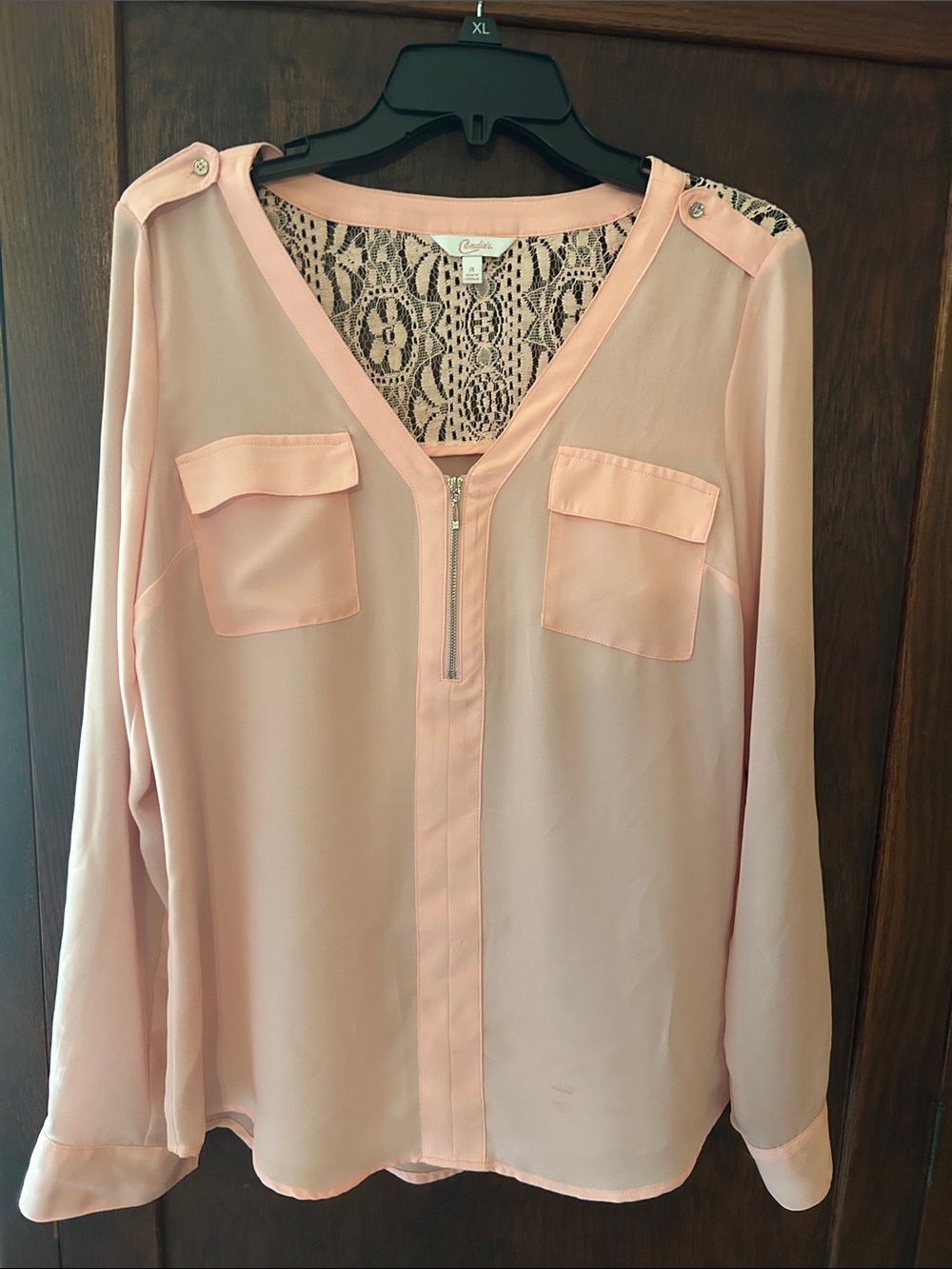 Candie's Light Blush Pink Lace-Back Zip Front Blouse